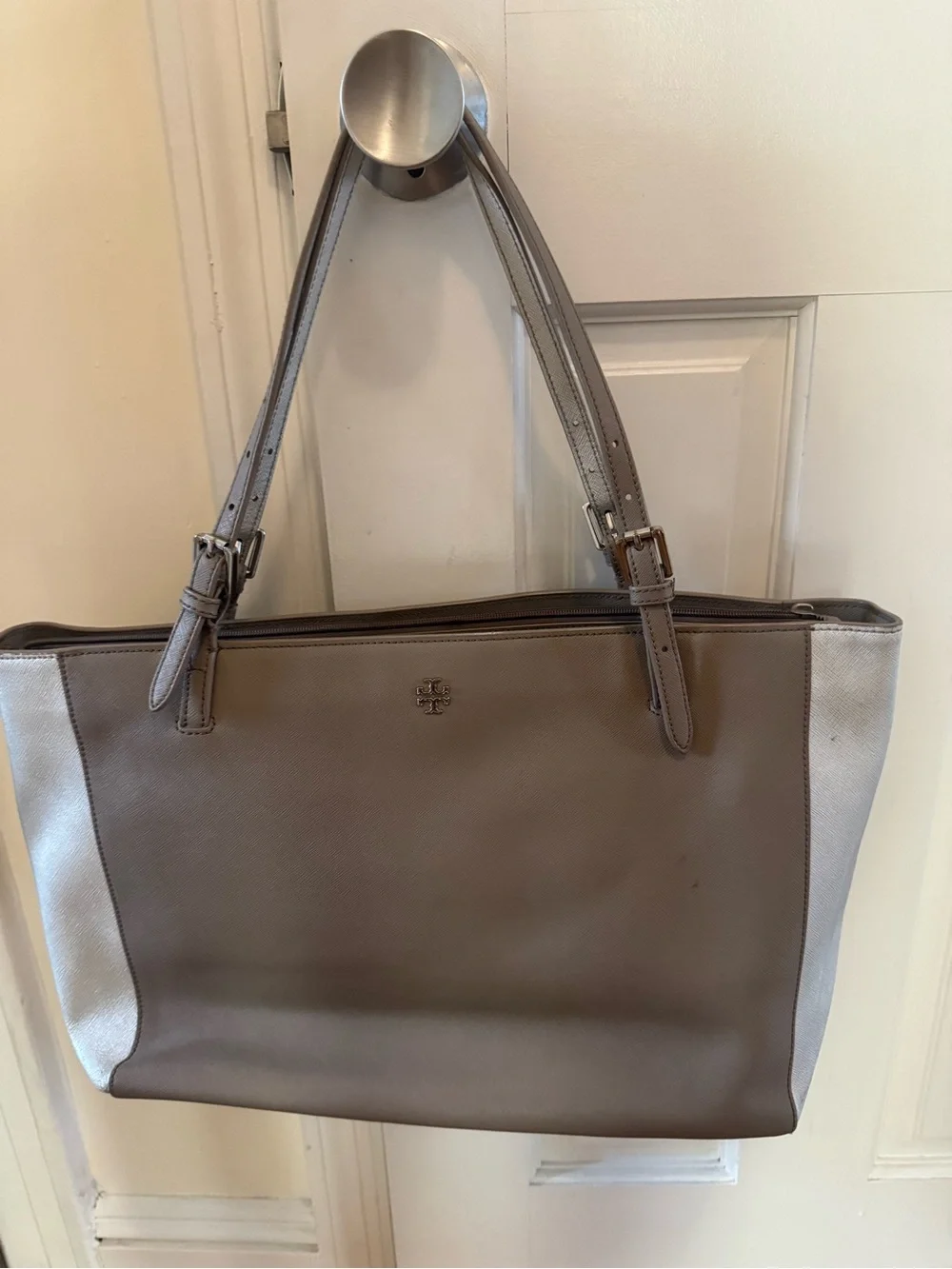 Tory Burch Taupe Tote with Cream Side Panels